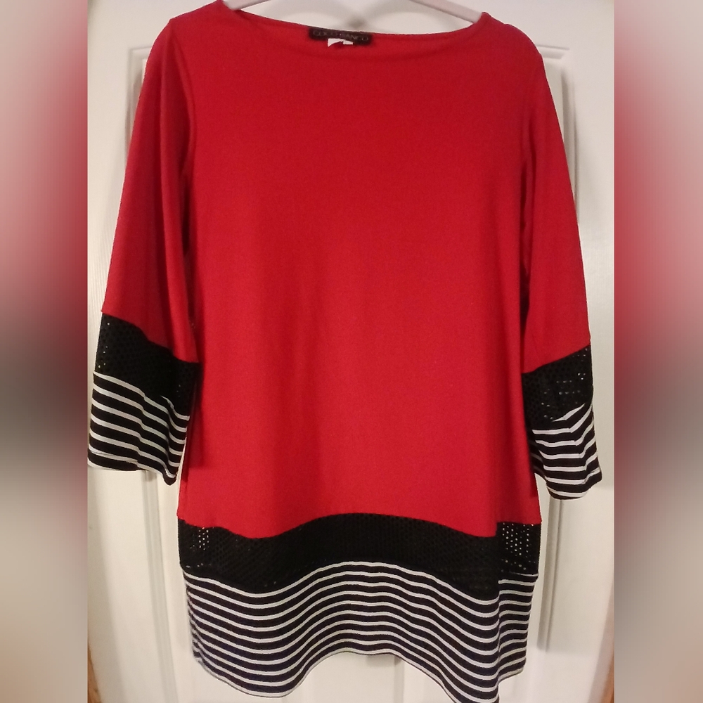 Coco Bianco Red/Blk/White Tunic Top Mesh Accent Sz M